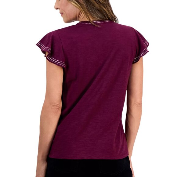 Style & Co Cotton Embroidered Flutter-Sleeve Knit Top 1X NWT Deep Cranberry - Picture 6 of 8